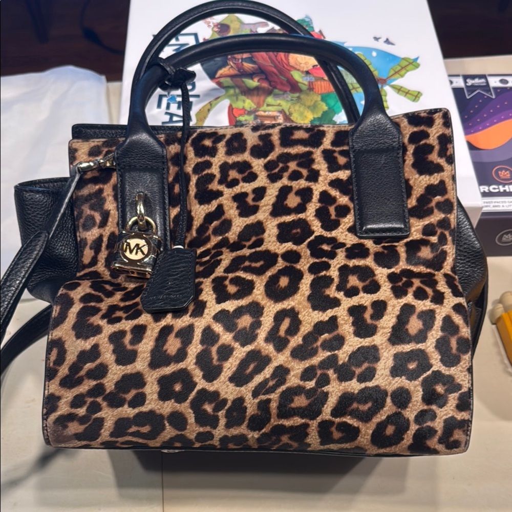 Michael Kors Brown and Black Leather Satchel with Leopard Print
